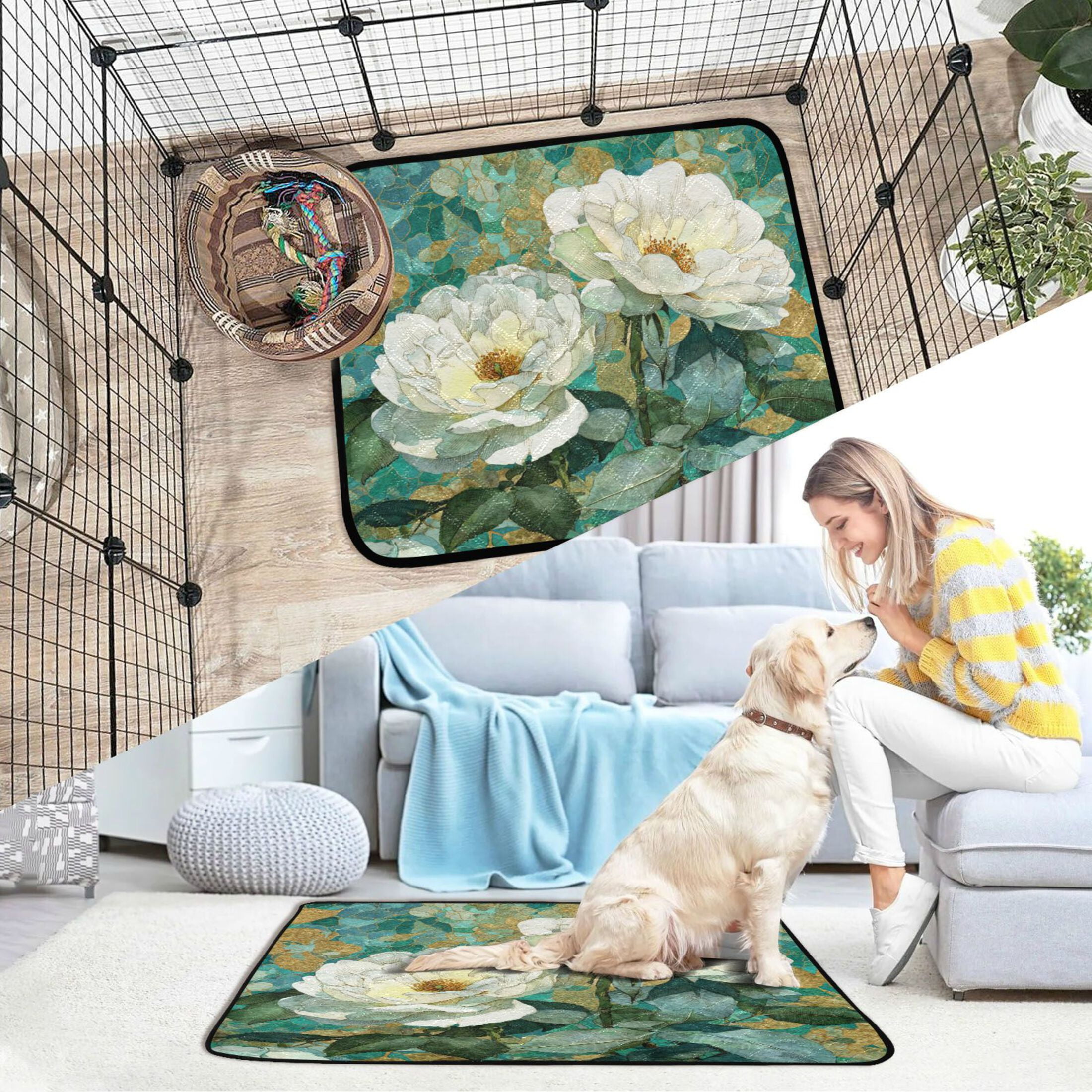 Qxltty White Peonies Cat litter Pads Pet Set of 2 Diaper Mats Center Anti-leakage Layer Absorbent Soft and Comfortable