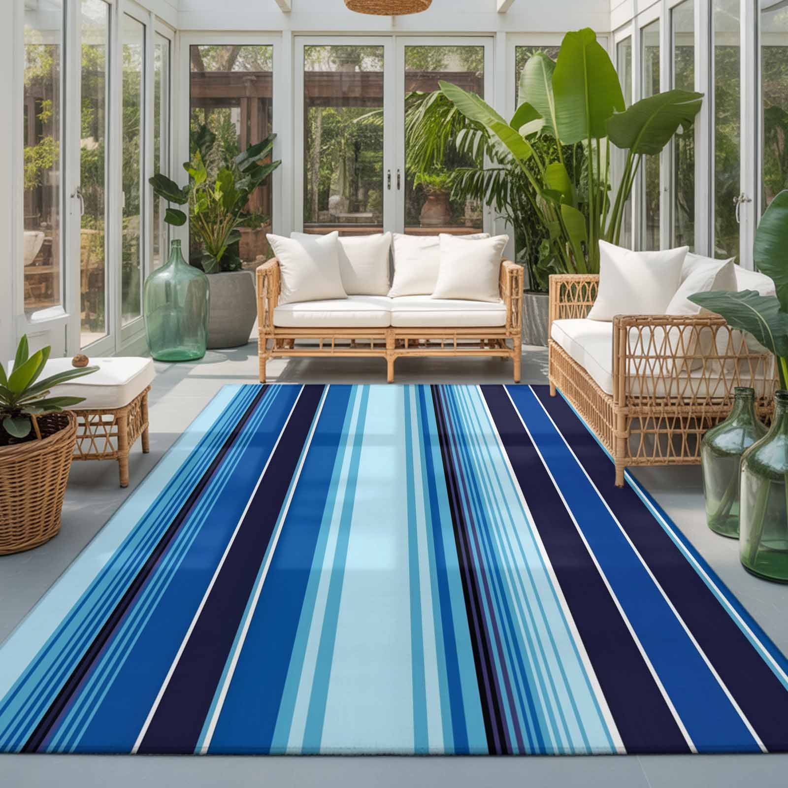 Area Rugs 5'x7', Mexican Style Carpet Runner Indoor Outdoor Rugs Home Decor Aesthetic, Colorful Mexico Stripes Ombre Blue Non Slip Mats Washable Accent Rug for Living Room Bedroom