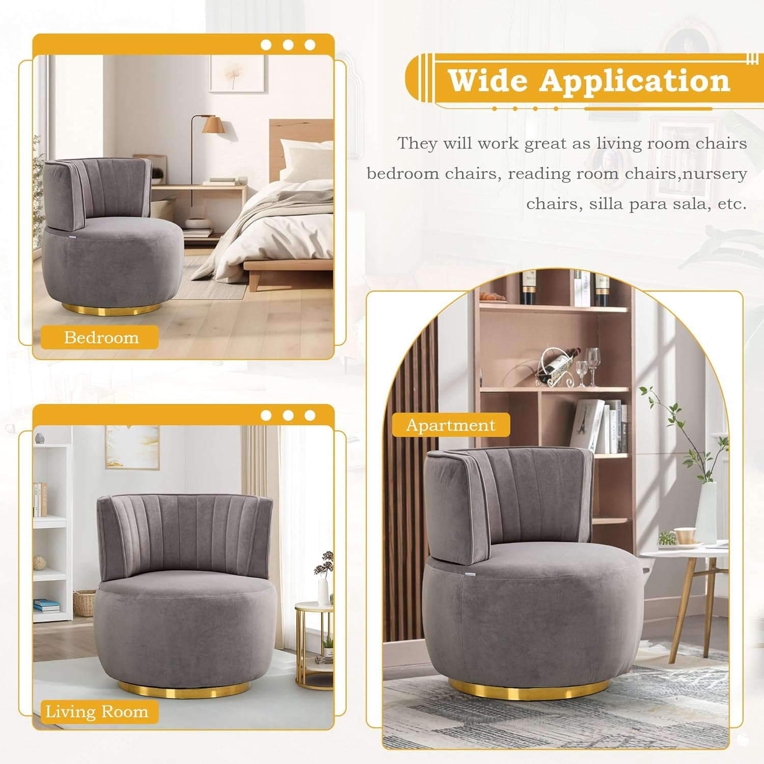 Aukfa 360-Degree Swivel Barrel Chair, Modern Velvet Round Accent Chair for Nursery and Living Room, Gray