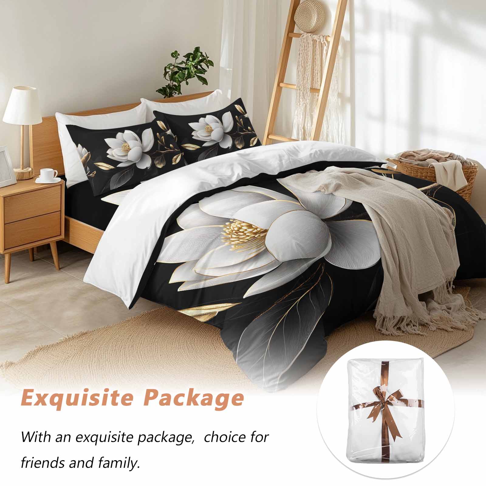 Gorgeous Flowers Duvet Cover Set, White Gold Floral Botanicals Black Soft Duvet Cover Queen Size Bedding Set 4 Pieces, 1 Quiltcover and 2 Pillowcases with Zipper, 1 Bed Sheet for All Seasons