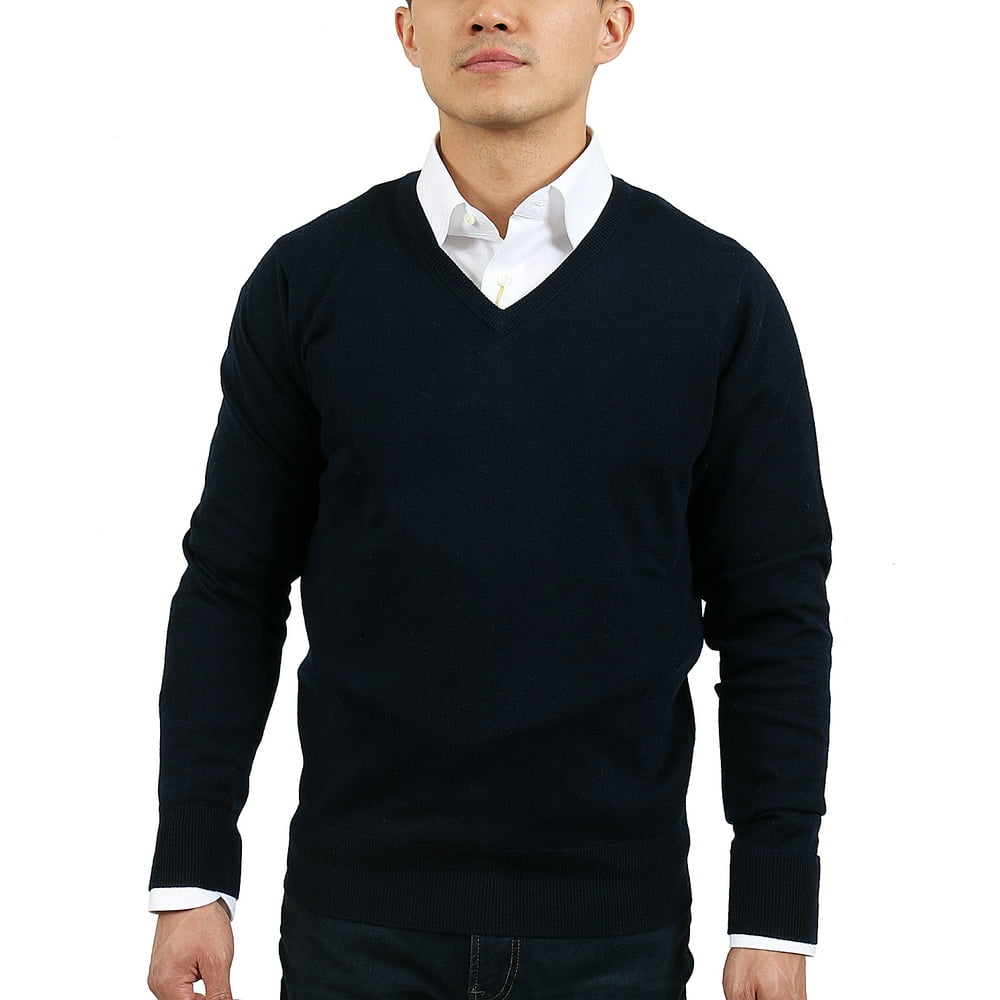 Real Cashmere Real Cashmere Navy Blue VNeck Cashmere Blend Mens Sweater