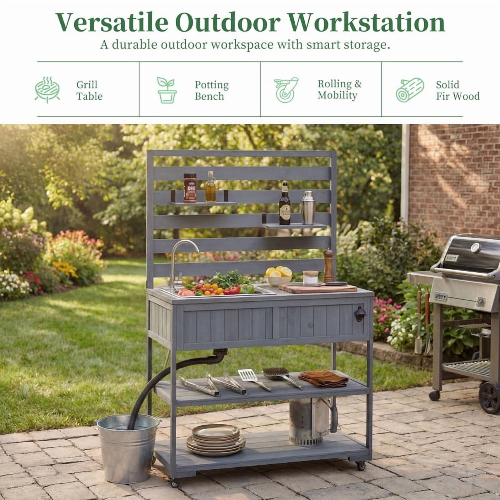 4-Piece Outdoor Kitchen Island Set, BBQ Rolling Grill Table with Sink, Versatile Backyard Storage Serving Cart with Potting Bench