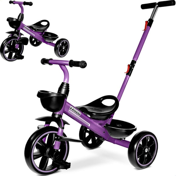 Kriddo 2-In-1 Toddler Tricycle For Ages 18 Months To 5 Years Old - Extended Push Handle For Effortless Push Gift Trike For Toddler 3 To 5 Year Kids Tricycle With Foldable Front Footrest Purple