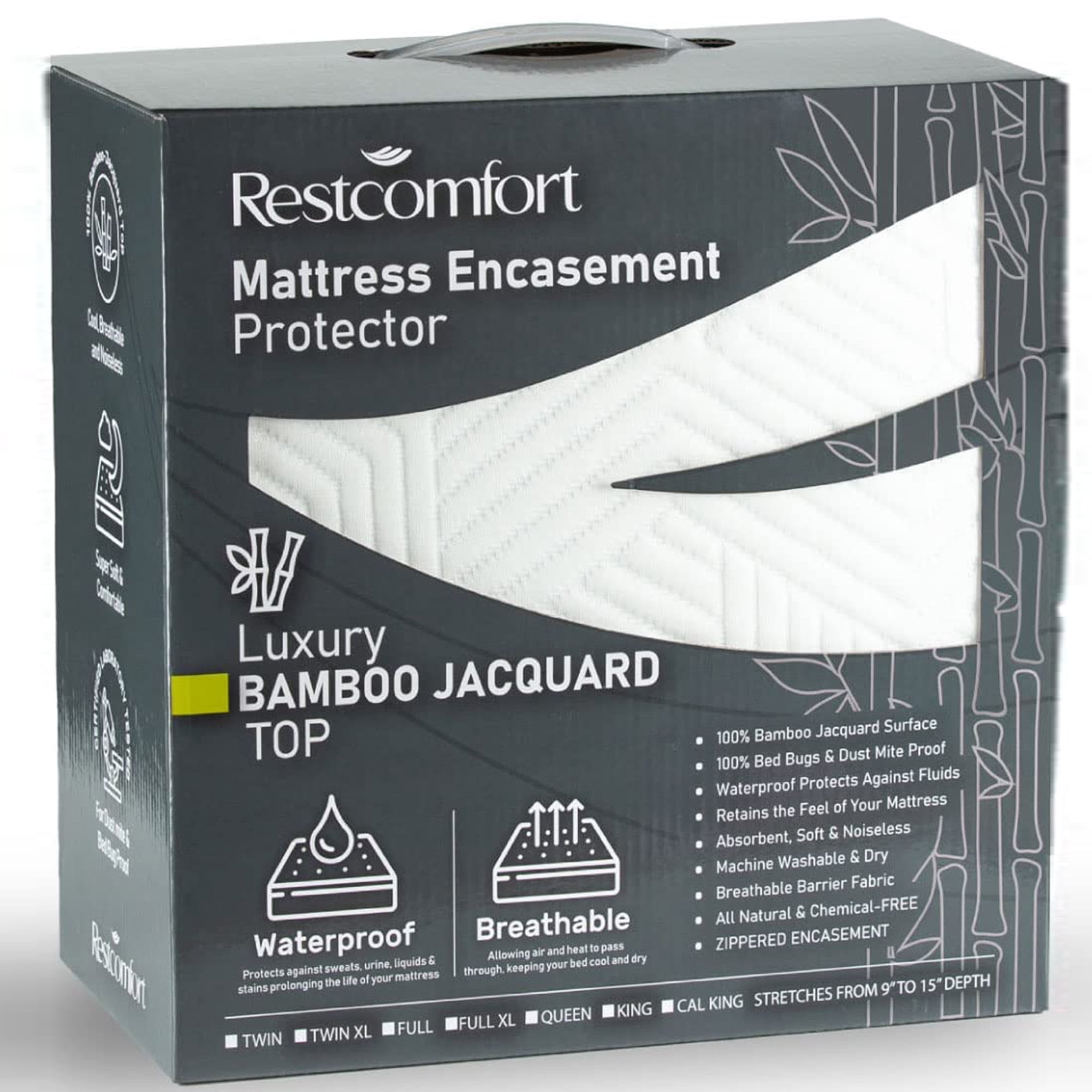 Rest Comfort Bamboo Jacquard Mattress Encasement Bed Protector, Full