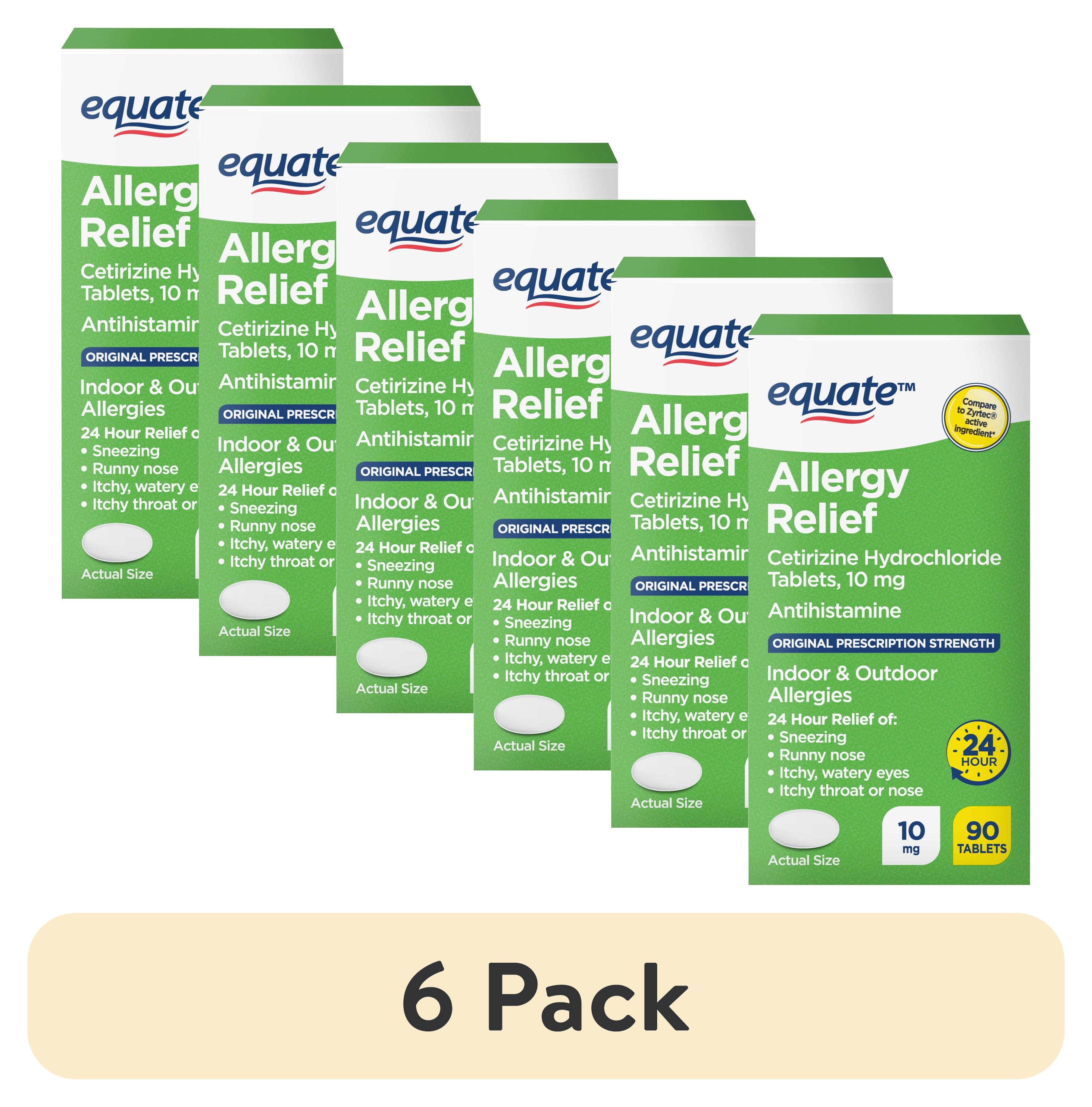 (6 pack) Equate Allergy Relief Gluten-Free Cetirizine HCI Medicine Tablets for Allergy 90 Tablets, 10mg