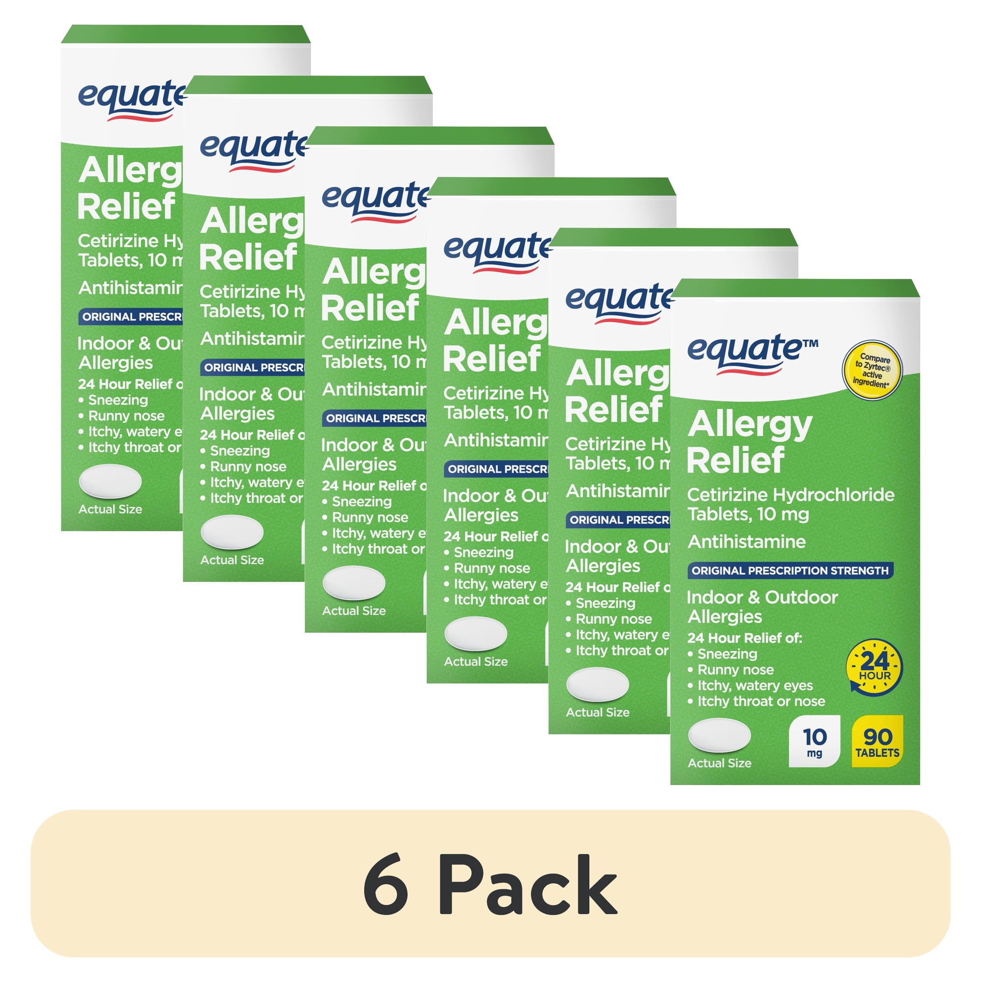 (6 pack) Equate 24 Hour Cetirizine Hydrochloride Allergy Relief Tablets, 10 mg, 90 Count