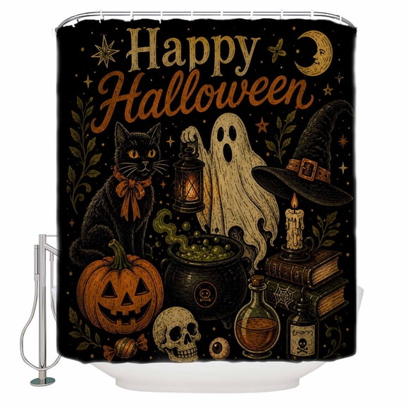 Halloween Bathroom Shower Curtains with 12 Hooks Waterproof Shower Curtain for Stalls and Bathtubs Retro Ghost Pumpkin Skull Black Cats Autumn Decorative Bathroom Privacy Curtain 48x72 Inches