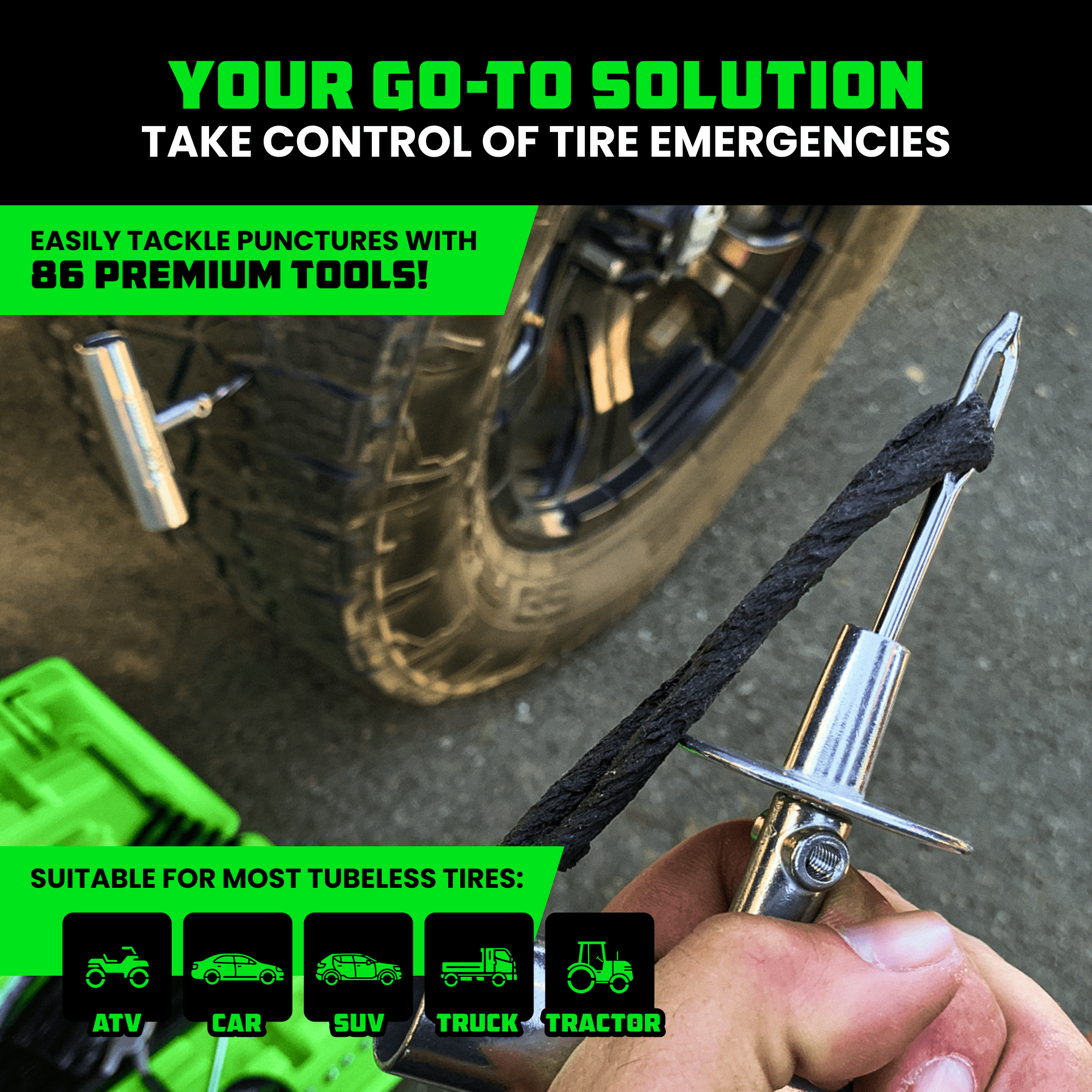 Rhino USA 86-Piece Tire Plug Repair Kit – Heavy Duty Flat and Puncture Repair for Cars, Motorcycles, ATVs, UTVs, RVs, Trailers, and Tractors.