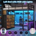 thumbnail image 3 of Twin Size Loft Bed with L-Shaped Desk, LED Lights,Charging Station,Metal Bed Frame with Storage Shelves and Drawers, Safety Guard & Ladder, No Box Spring Needed,Black, 3 of 9