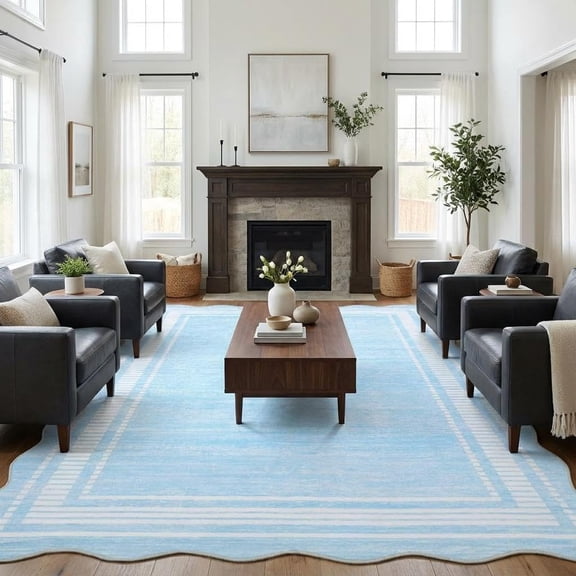5x7 Washable Non Slip Scalloped Low Pile Rug Stain Resistant for Living Room Bedroom Light Blue