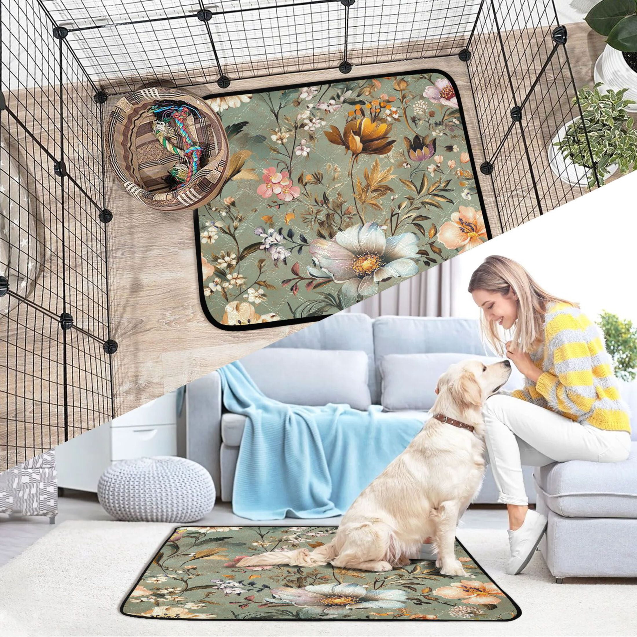 Washable Pet Pee Pads with Super Absorbent Reusable Training Pads for Dogs & Cats Pastel Vintage Floral