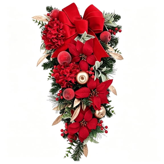 30" Christmas Door Swag,Pre-Decorated Farmhouse Christmas Door Swag,Teardrop Hanging Garland,Velvet Red Bow, Poinsettias, Apples & Evergreen Picks,Holiday Door Decor for Front Door,Wall,Mantel