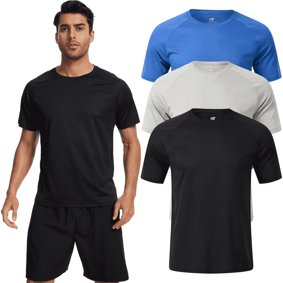 Taigaofy 3 Pack Men's Athletic Shirts Breathable Basketball Short Sleeve Cool Dry Base Layer Undershirt Running Black Gray Blue M