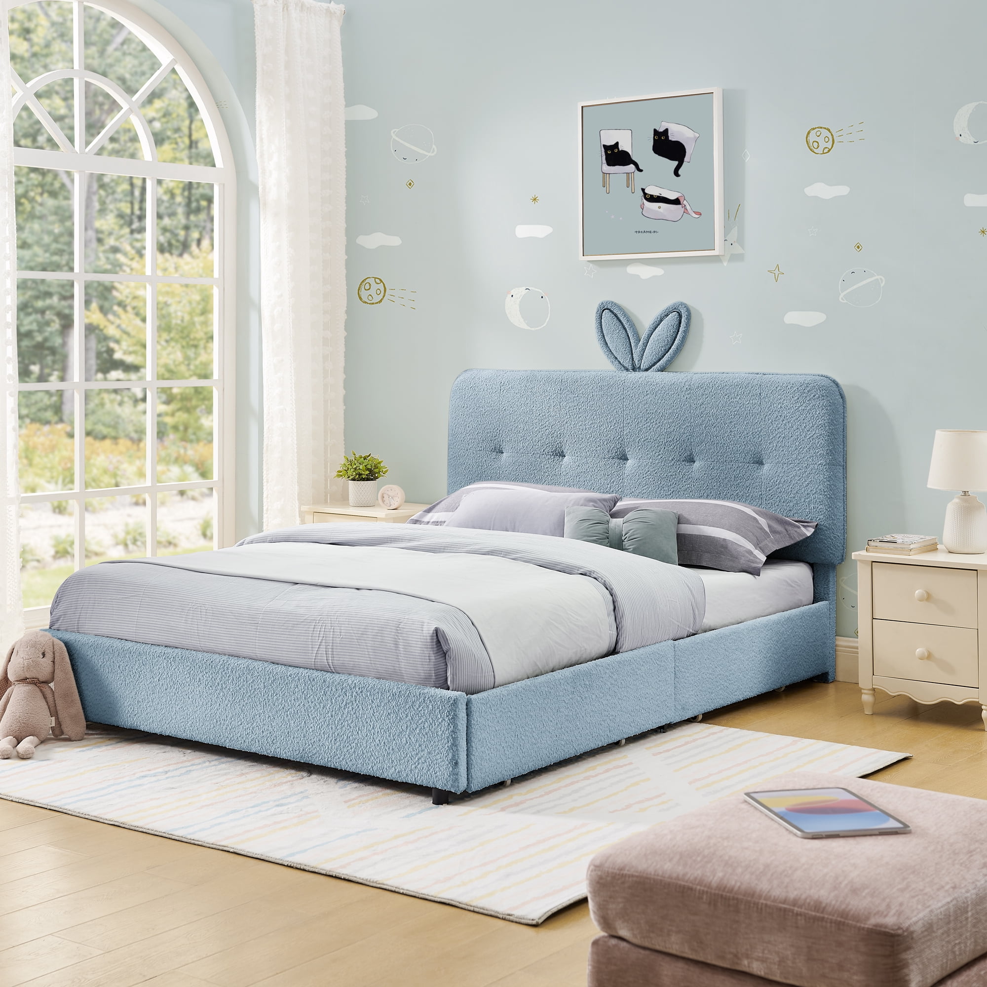 Mintazer Full Upholstered Kids Bed with Oversized Rabbit Ear Headboard, Boucle Fabric Platform Bed with LED Headboard & 4 Storage Drawers, Blue