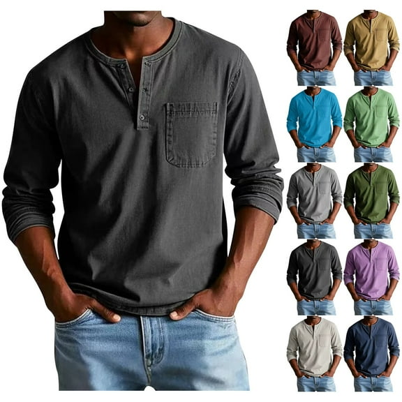 Feancey Vintage Henley Shirts for Men Long Sleeve Button V Neck T-Shirts Solid Color Washed Imitation Denim Shirt Big and Tall Cool Streetwear Tee Shirts Khaki M