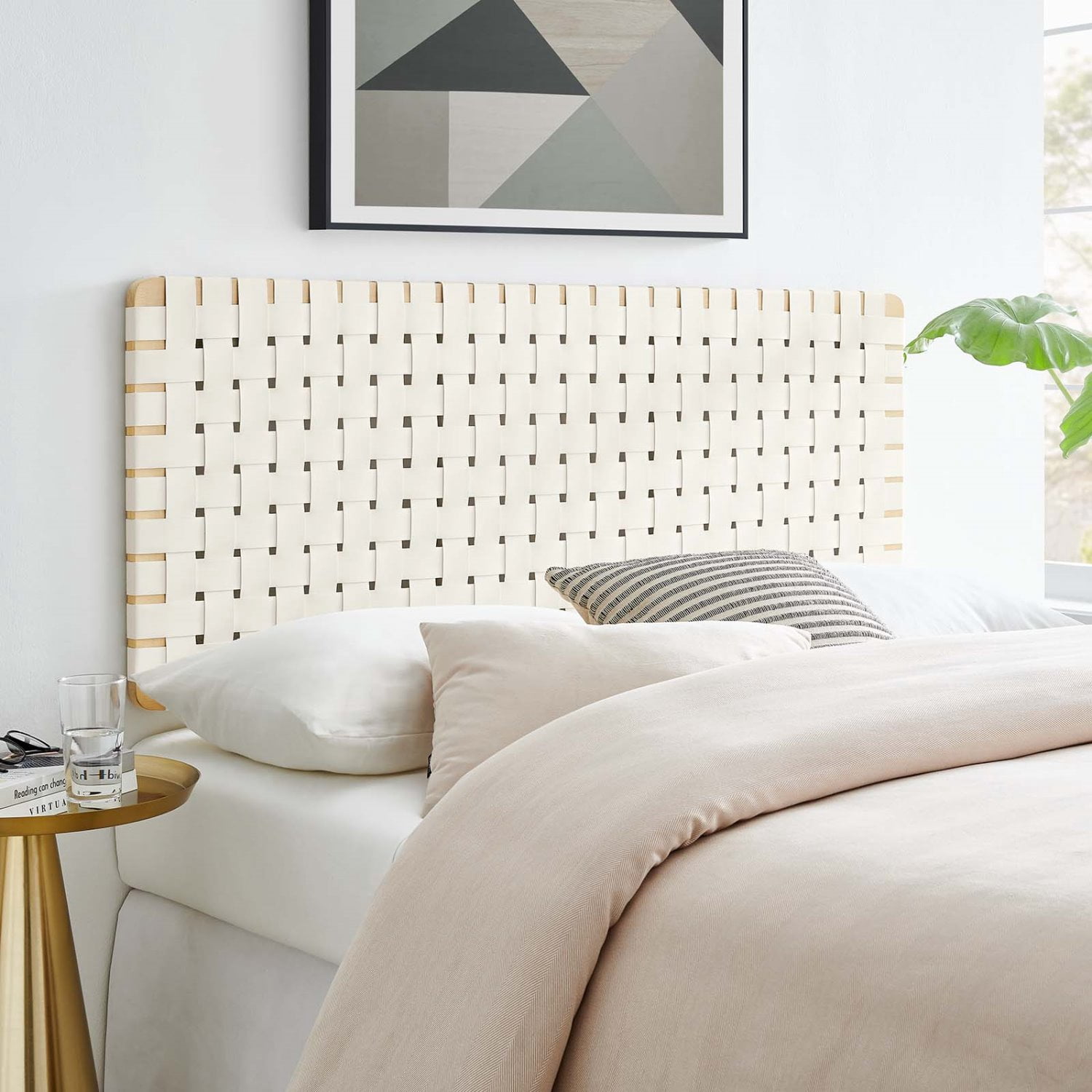 Headboard, Full Size, Natural Beige, Vegan Leather, Bedroom, Modern Contemporary HB36752