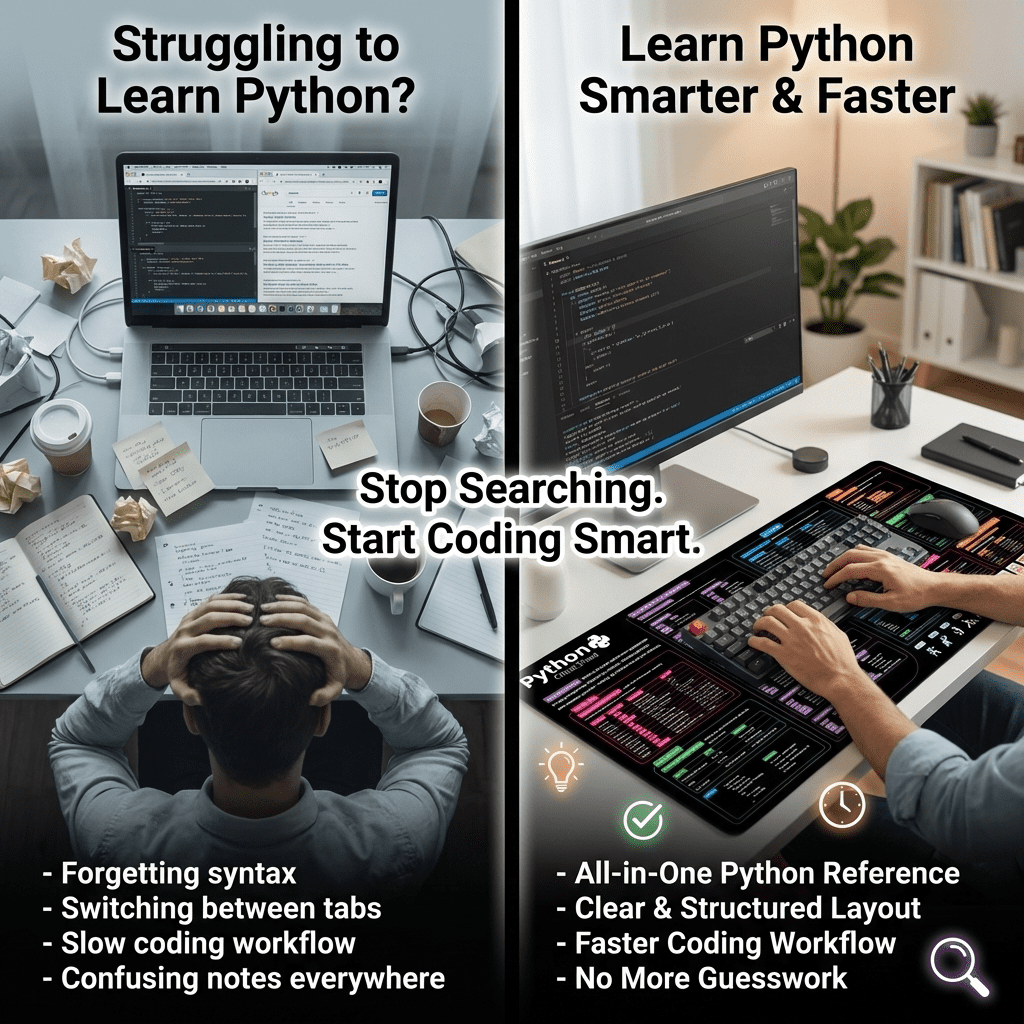 Python Cheat Sheet Desk Mat – Neoprene Coding Desk Pad with Anti-Slip Base & Stitched Edges, Python Programming 12x22 in