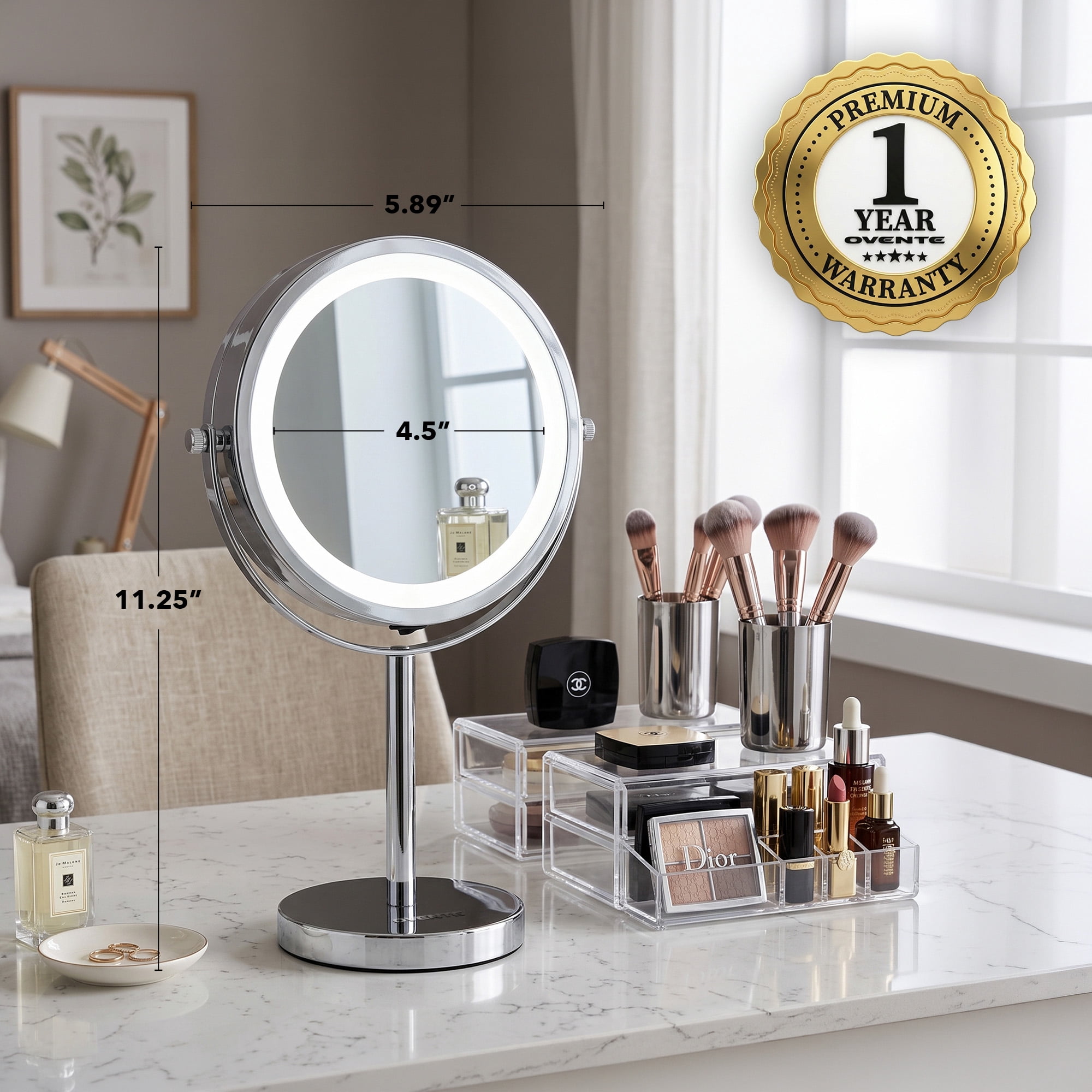 OVENTE 6" Lighted Makeup Mirror with 1X/7X Magnification, Cordless Tabletop Mount Vanity Round Mirror with 360° Swivel Design and Double Sided Cool Tone LED Ring Light, Polished Chrome MLT60CH1X7X