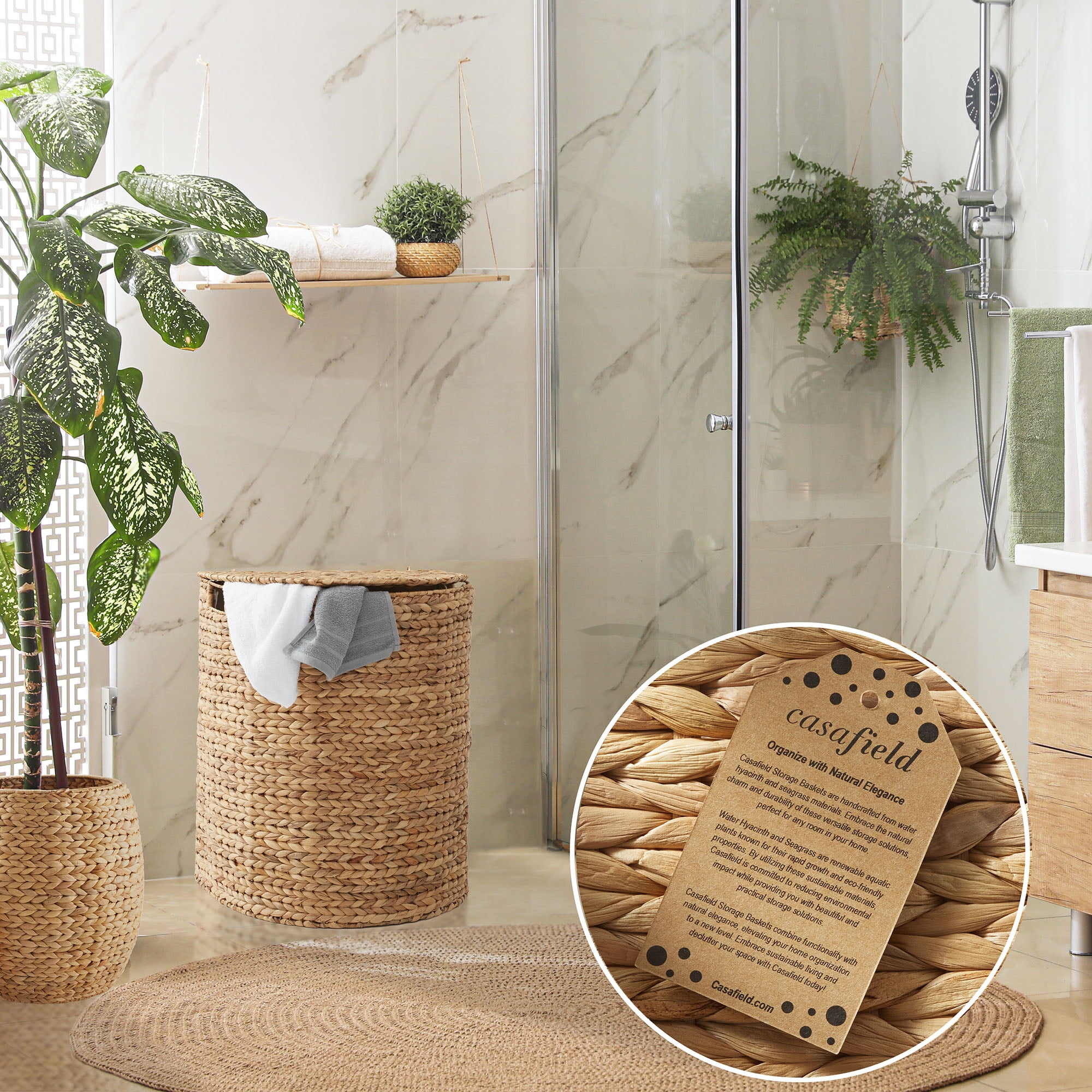 Casafield Half Moon Laundry Hamper with Lid and Removable Liner Bag - Natural, Woven Water Hyacinth Laundry Basket Sorter for Clothes
