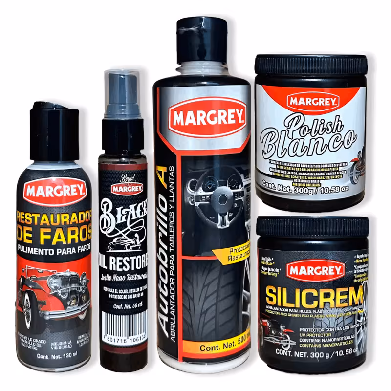 Combo Margrey Cuidado Total Automotriz | Autobrillo A 500 ml + Silicrem 300 g + Polish Blanco 300 g + Oil Restorer 50 ml + Headlight Restorer 130 ml