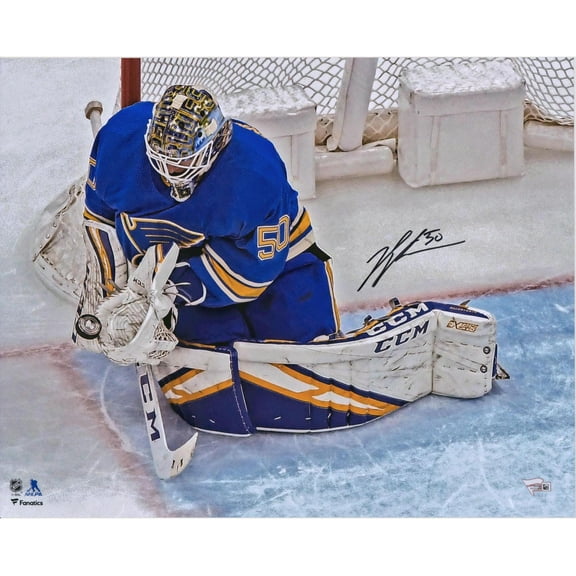 Jordan Binnington St. Louis Blues Autographed 16" x 20" Overhead Glove Save Photograph - Fanatics Authentic Certified