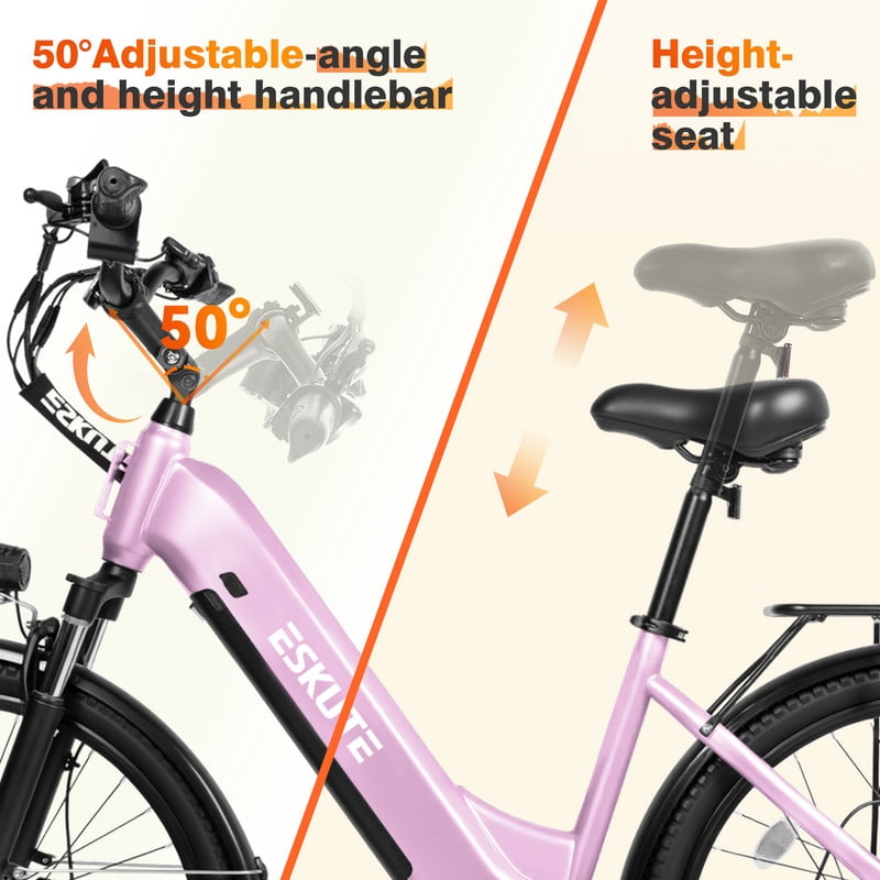 ESKUTE C200 Electric Bike for Adults, 1300W Peak Power Ebike, 28MPH Step-Thru E-Bicycle with 840Wh Removable Battery, Up to 70 Miles, 26" Tires, 7 Speed Adjustable Stem,Pink, UL2849