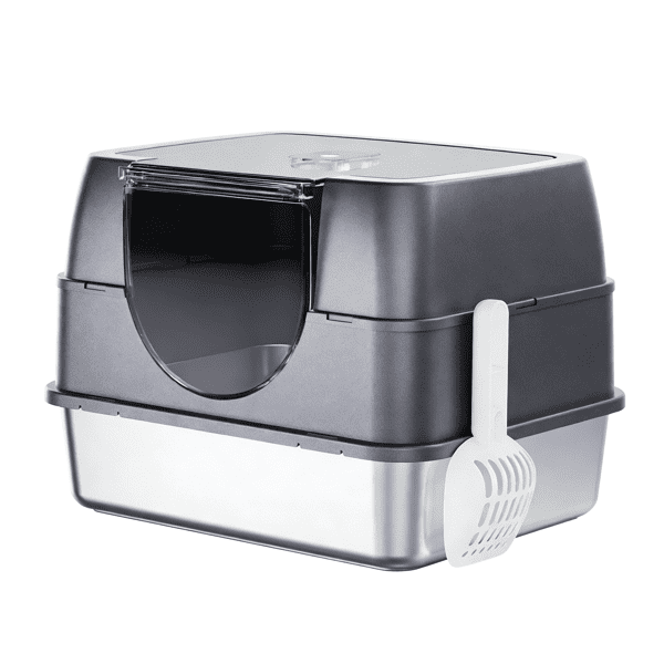 imerelez Enclosed Cat Litter Box with Flip-Top Lid, Stainless Steel Large Covered Litter Box, High Sided Metal Litter Pan with Litter Scoop & Mat, Odor Control, Leak Proof, Easy Cleaning, Grey