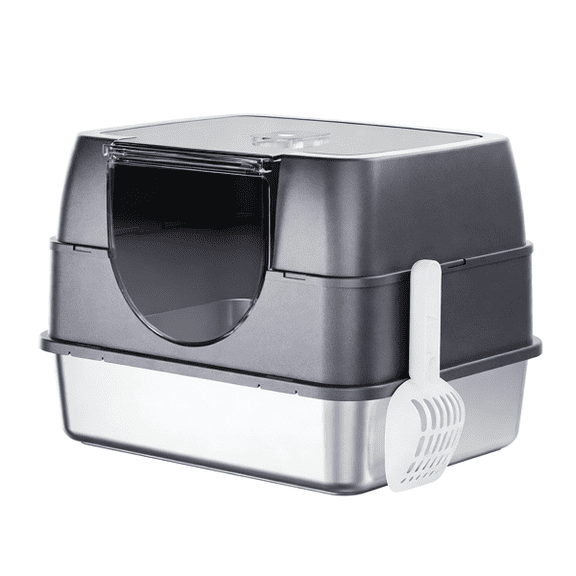 New Enclosed Cat Litter Box Lid for Big Cats & Kitty - Anti-Urine Leakage, Non-Sticky Cat Box, Front Entry Top Exit KittyBox,Gray