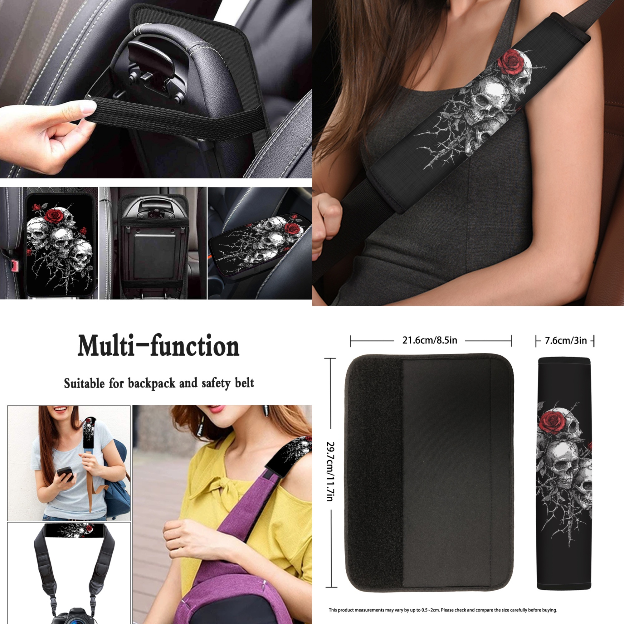 Jeiento Gothic Skull Auto Seat Cover Full Set 13 Pack Universal Car Accessories Set Rose Steering Wheel Cover Armrest Pad Seatbelt Pad Cup Mat Keychain Fit for Sedan SUV Van