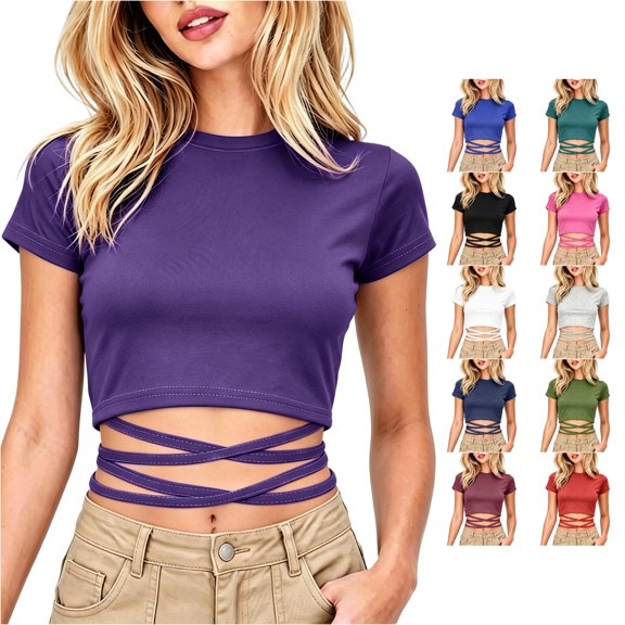 Rhuody Going Out Tops For Women Short Sleeve Tee Solid Color Slim Fit Crop Tops Womens Clothes Dark Purple