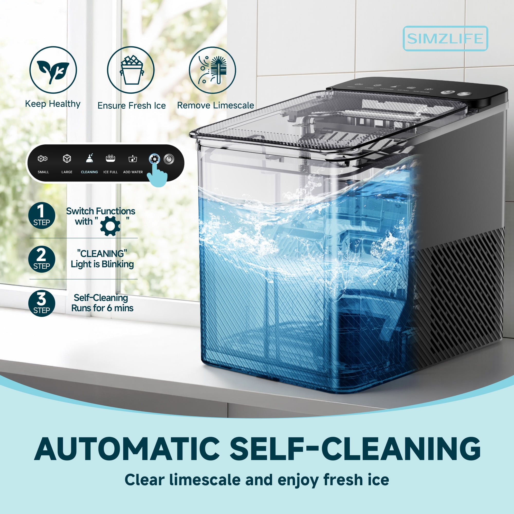 Simzlife Ice Maker Countertop, 9 Cubes Ready in 6 Mins, 26lbs in 24Hrs, Self-Cleaning Ice Machine with Ice Scoop and Basket, 2 Sizes of Bullet Ice for Home Kitchen Office Bar Party
