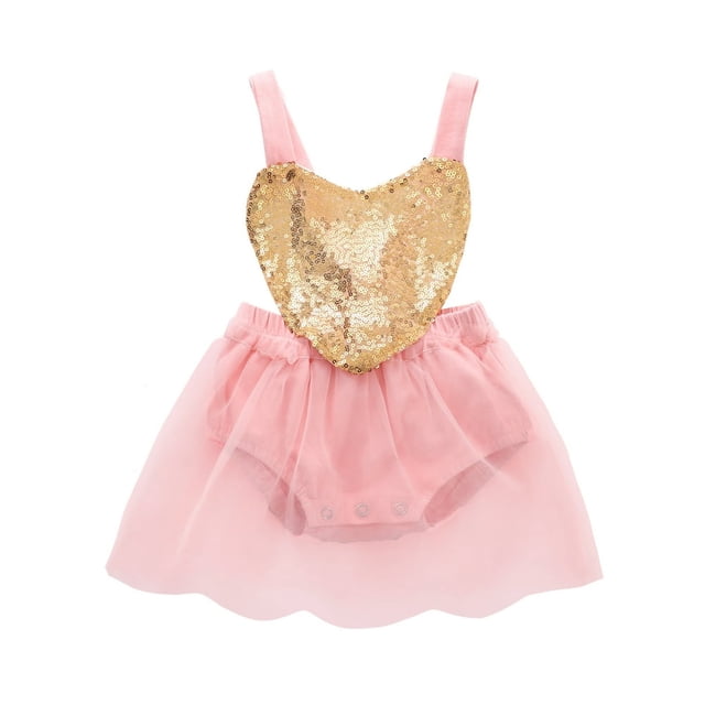Baby Girls Valentine‘s Day Set SleevelessBackless Bodysuit with Tutu Mesh Dress Sequin Heart Decor