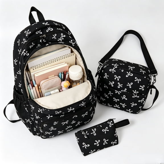 Black White Bow Print 3Pcs Backpack Set for Teen Girls, Lightweight Waterproof Nylon School Bookbag with Matching Crossbody Bag & Coin Pouch, Cool Coquette Daypack for Back to School Daily Travel