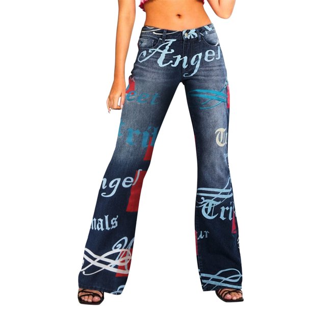 Gibobby Mujeres Pantalones sueltos Casual Zip Pocket Jeans Pants imprimir Denim Mujeres Jeans (Blue, L)