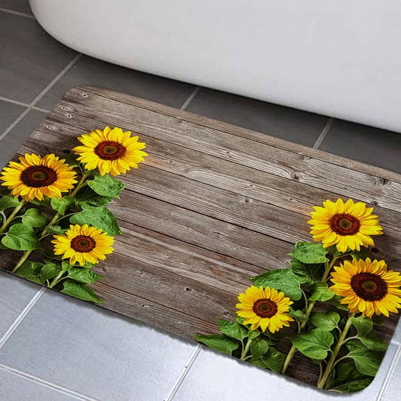 Sunflower Bathroom Rugs, Sunflower Non-Slip Bath Rugs Rustic Wooden Bathroom Rugs Set, Vinatge Country Wood Farmhouse Bathroom Rug Mat 17x29inch, Extra Soft and Absorbent Bath Rugs