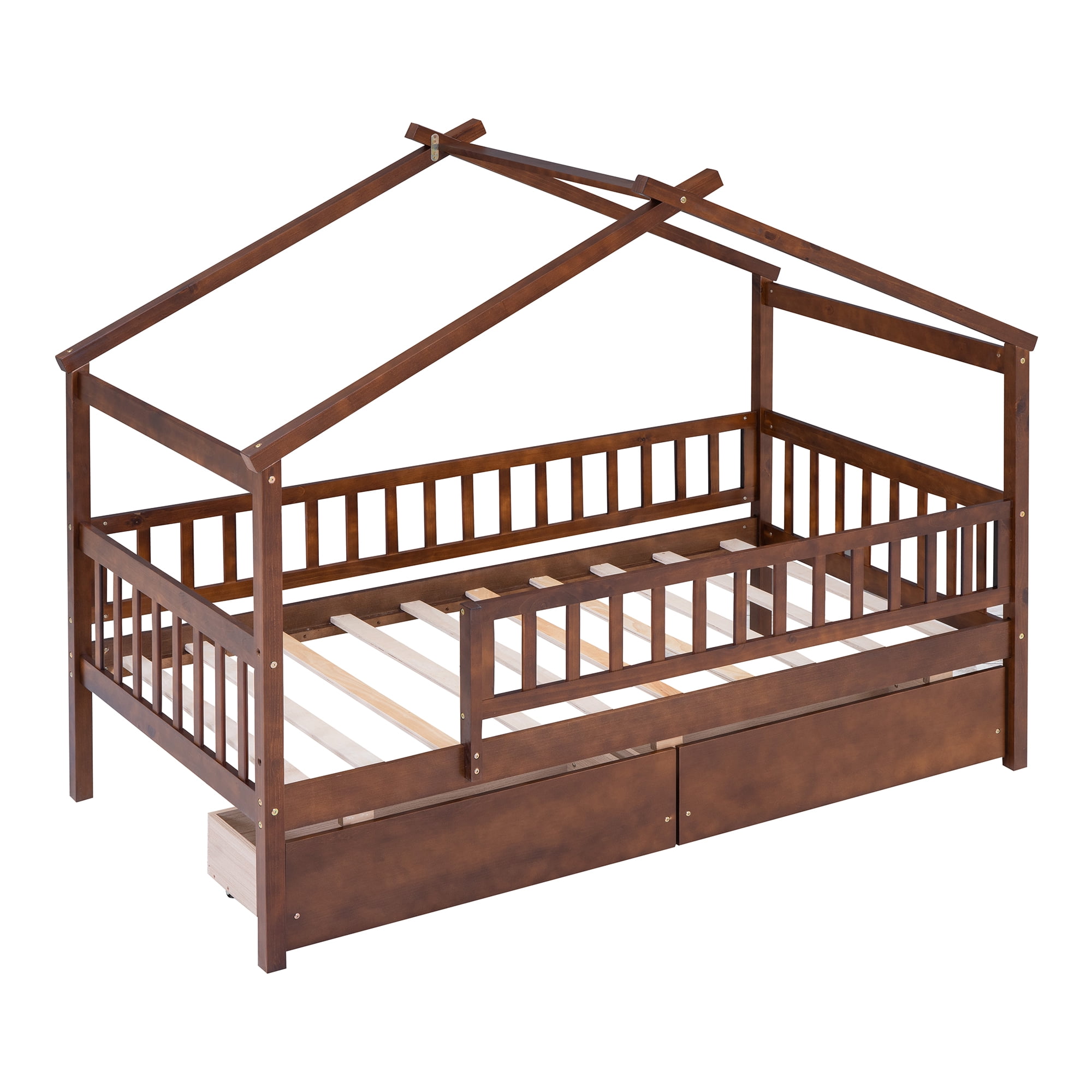 Aukfa Twin Size House Bed with Storage Drawers and Safety Guardrails for Kids, Wooden Montessori Bed Frame for Boys and Girls, Walnut