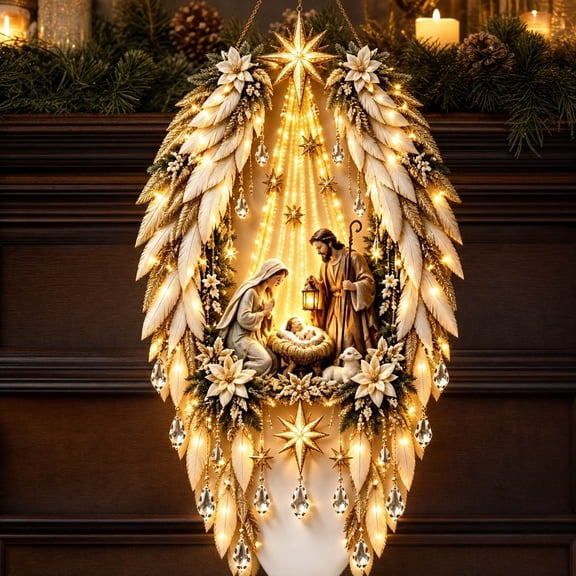 Lighted Nativity Wall Decor Christmas Holy Family Scene Hanging Decoration with Warm LED Glow for Home Fireplace