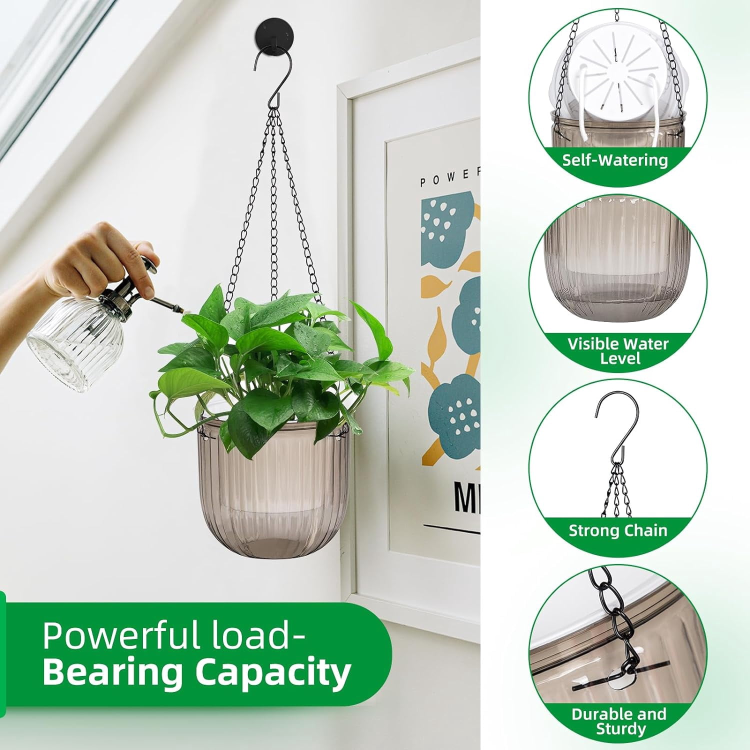 Topboutique 3 Pack 4.5 inch Self Watering Hanging Planter, Hanging Planters for Indoor Plants, Small Hanging Planter with 3 Hook Chains Drainage Holes for Garden Home(Gray)