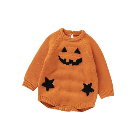 

SHIBAOZI Newborn Baby Girl Boy Halloween Costume Outfit Pumpkin Romper Knit Sweater Long Sleeve Bodysuit Fall Clothes
