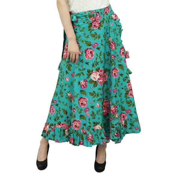 Phagun Floral Printed Women's Wrap Self Belt Cotton Ruffled Magic Skirt-Green