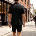 thumbnail image 5 of JFOPQVSM Men's Suit Set 2 Piece Short Sleeve Jacket and Shorts Thin Lightweight Leisure Suit Loose Short Trousers Elastic Waist Casual Summer Suit Streetwear, 5 of 7