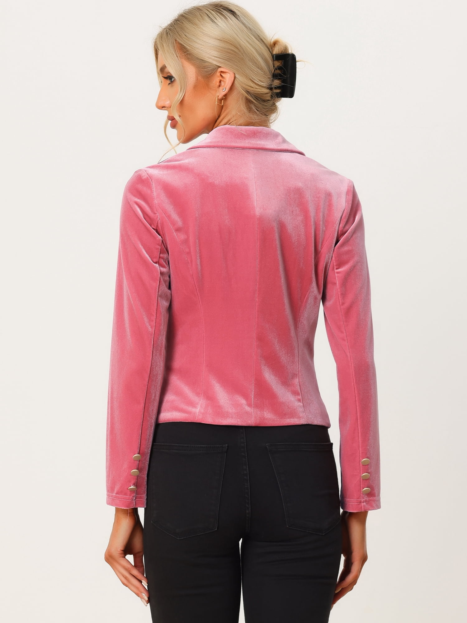 DARING DIVA Women's Button Front Velvet Blazer Lapel Crop Suit Jacket S Pink