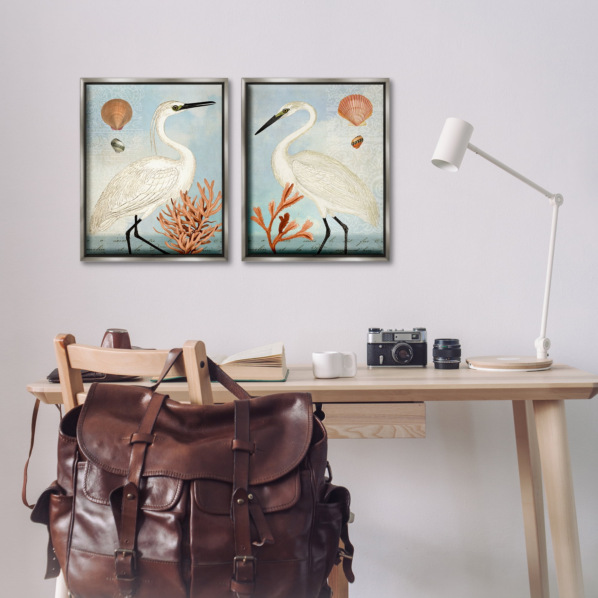 Stupell Industries Beach Items Shell Heron Egret Animals Painting Gray Floater Framed Canvas Art Print Wall Art, 17 x 21, Set of 2