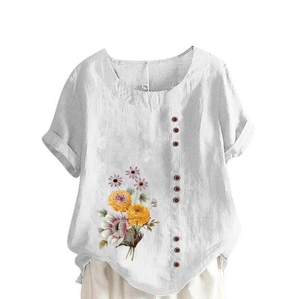 Camiseta suelta informal de verano con cuello redondo y manga corta con estampado de flores para mujer OAVQHLG3B Store lin121212