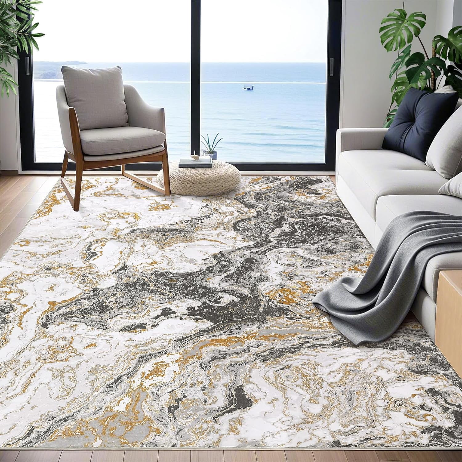 Homhougo 10x13 Washable Abstract Marble Area Rug, Soft Modern Non-Slip Luxury Carpet for Living Room, Bedroom, High Traffic Kitchen Entryway, Grey