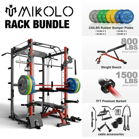 Mikolo Smith Machine Home Gym, 2000 lbs Power Rack with Cable Crossover, 230 lbs Plates, Red