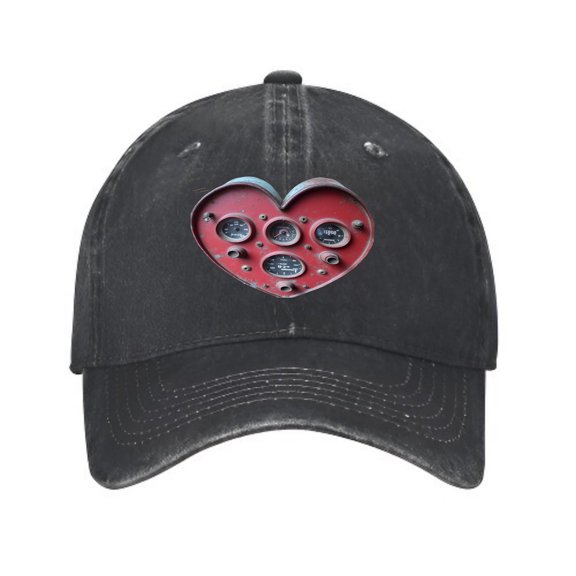 Vintage Cotton Washed Distressed Baseball Cap - Black with Unique Red Heart Cutout Design Silver Outline Perfect Golf Dad Hat for Men & Women