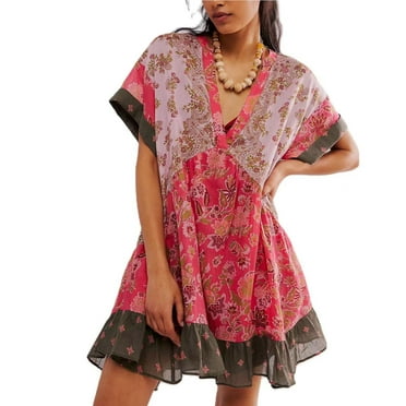 HCURIBAD Clearance! Women Boho Puff Sleeve V Neck Dress 2024 Summer Beach Short Dress Date Night Outfit, Women's Casual Dress, Floral Dress for Women, Mini Dress Gray M