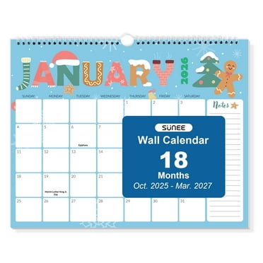 SUNEE Calendar 2026, Wall Calendar 14.5"x11.5" – 18-Month Hanging Monthly Planner from October 2025 to March 2027, Big Grid Cute Calendar with Notes Section for Home or Office