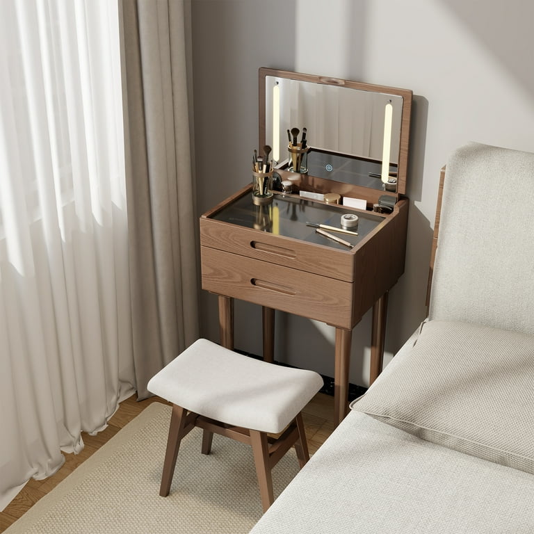 Muwuele Wood Small Vanity Desk with Flip Top Mirror, Brightness Adjustable  Lights, Makeup Vanity with Drawers, Dressing Table for Bedroom, Walnut -  Walmart.com